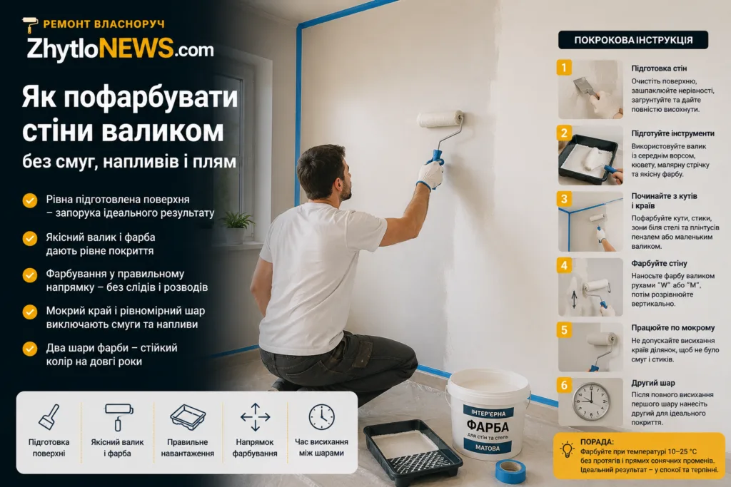 фарбування стін валиком без смуг, напливів і плям