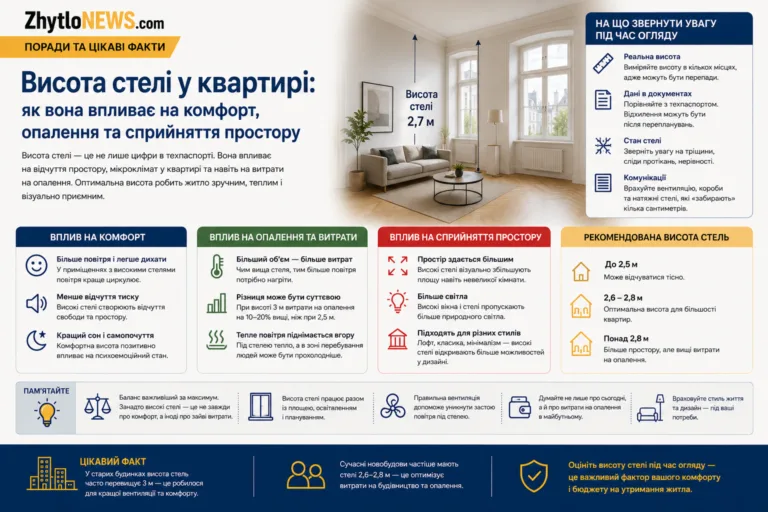 Висота стелі у квартирі: як вона впливає на комфорт, опалення та сприйняття простору
