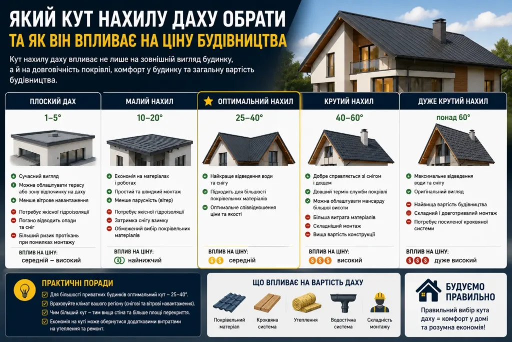 Який кут нахилу даху обрати та як він впливає на ціну будівництва