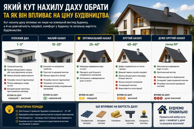 Який кут нахилу даху обрати та як він впливає на ціну будівництва