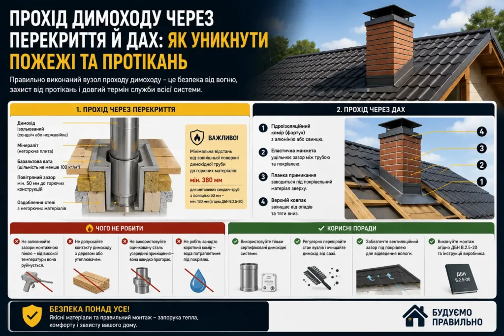 Прохід димоходу через перекриття й дах