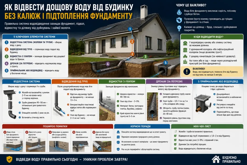 Як відвести дощову воду від будинку без калюж